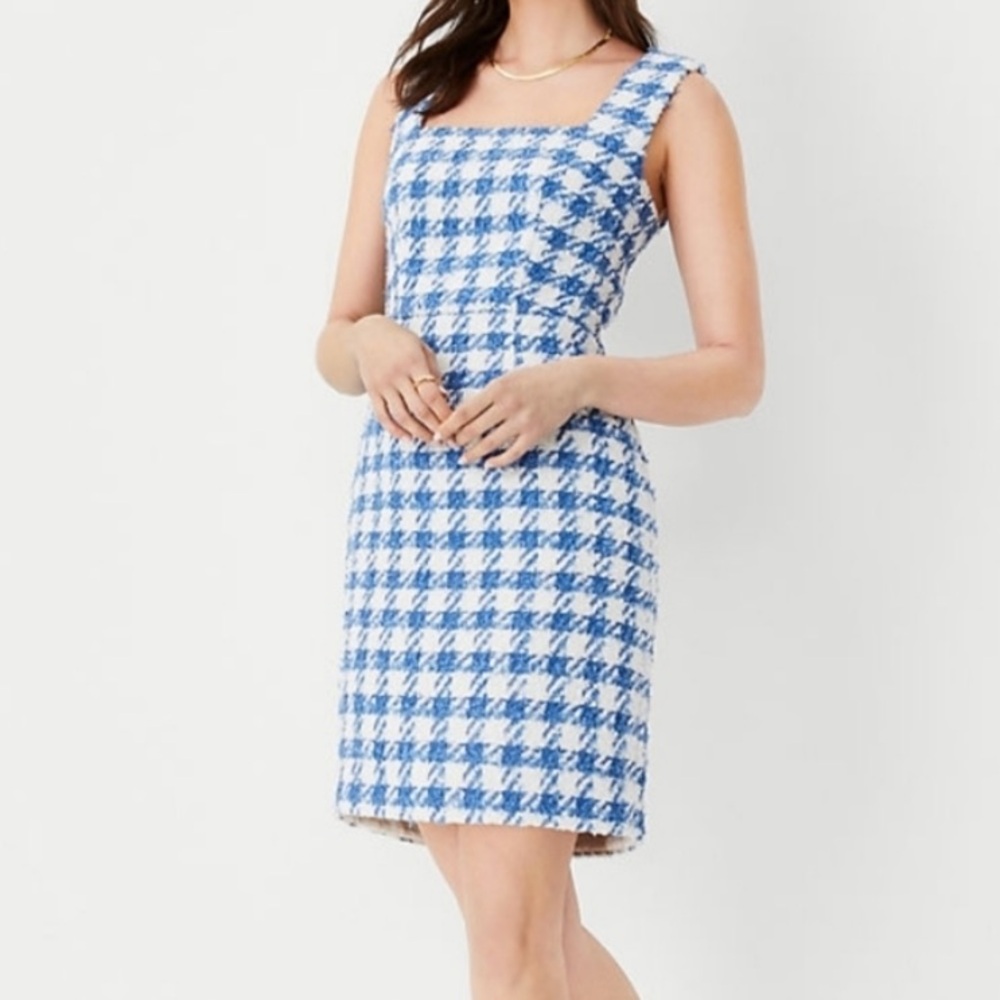 NWT Ann Taylor TWEED SQUARE NECK SHEATH DRESS 8 BLUE WHITE SLEEVELESS